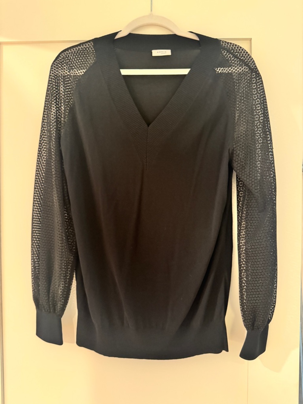 Akris Punto Black V-Neck Sweater with Sheer Knit Balloon Sleeves
